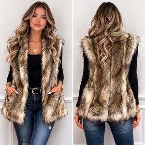 Du Monde Faux Fur Vest Size Small Brown Tan Open Front Leopard Lined – Pockets